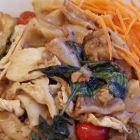 Pad-Kee-Mao (Vegetarian) · Recommended. Lettuce, basil, cherry tomatoes, garlic, chili. Wide rice noodles.