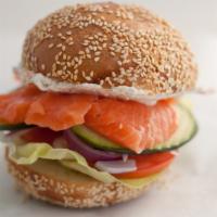 19A. Lox Bagel Sandwich · Slice of Salmon Lox, Regular Plain Cream Cheese, Lettuce, Tomato, Onion, Cucumber