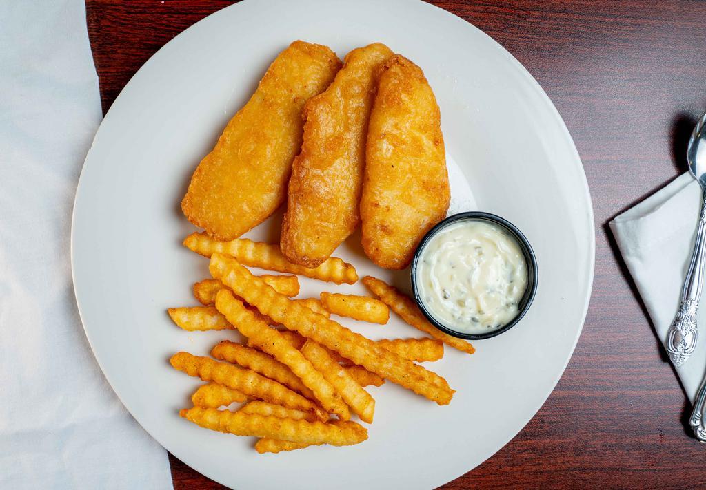 Fish & Chips · Three, two ounces pieces of cod, served with a large fry.