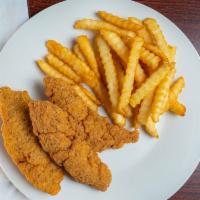 Chicken Strips · Three crispy strips of fried chicken. Served with choice of ranch or BBQ sauce.