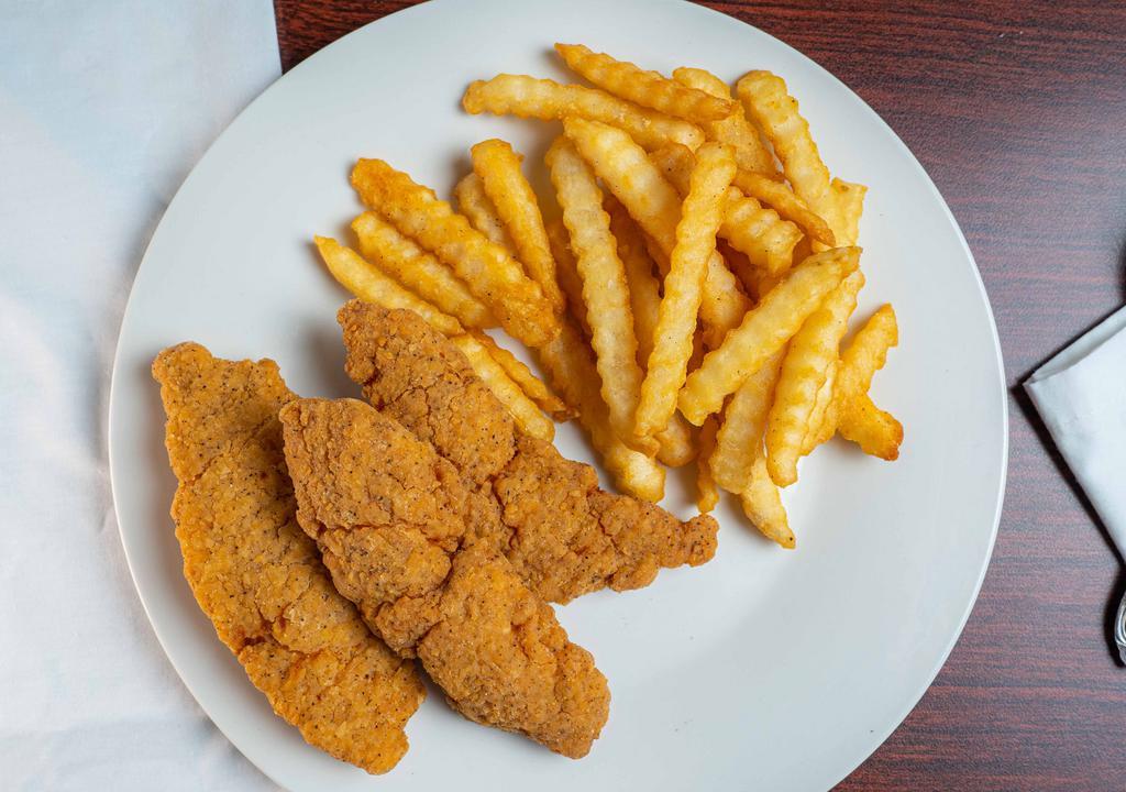 Chicken Strips · Three crispy strips of fried chicken. Served with choice of ranch or BBQ sauce.