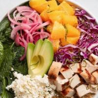 ZESTY · quinoa + kale, grilled chicken, feta, oranges, avocado, cabbage, pickled red onions, fresh h...