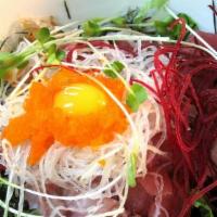 Spicy Chirashi · Spicy food. House style sashimi and vege. over rice with spicy sausage.