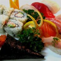 #02. Sushi and Nigiri · 8 pieces nigiri, 8 pieces CA roll and spicy tuna handroll.