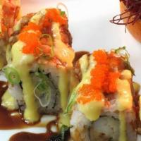 Double Double · Shrimp tempura imitation crab topped with shrimp, avocado & fish egg. Sauce - unagi sauce.