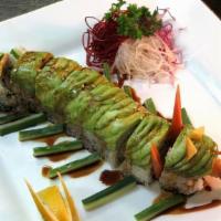 Caterpillar · Shrimp tempura, imitation crab topped with avocado. Sauce - unagi sauce.
