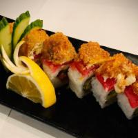 Katie 1 · Spicy tuna, cucumber, shrimp tempura topped with tuna, soft shell crab.