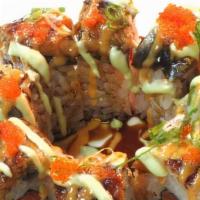 Pink Lady · Spicy tuna roll topped with unagi and avocado and fish egg. Sauce: unagi sauce, spicy mayo.