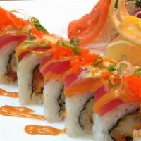 J.D. · Spicy tuna, shrimp tempura, cucumber topped with tuna, avocado, and fish eggs. Sauce - unagi...