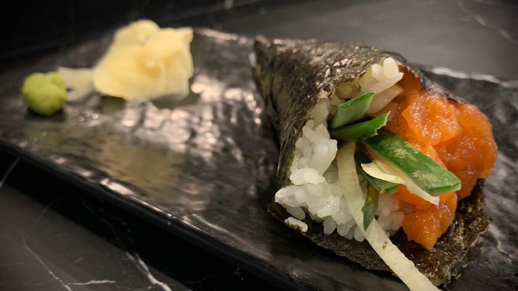 Spicy Salmon Hand Roll · Spicy food.