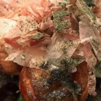 Takoyaki · 5 fried octopus balls, sweet soy glaze, nori, bonito fish flakes