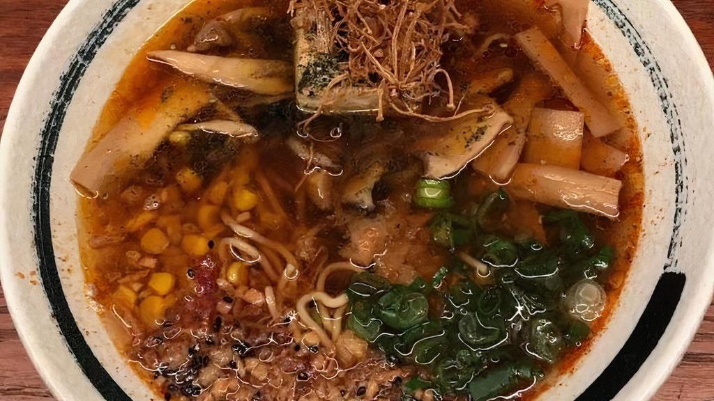 Vegan Ramen · Mushroom shoyu broth, local artisan vegan noodles, enoki, king trumpet, beech mushrooms,. bamboo shoots, scallions, corn, seared tofu, aonori sesame