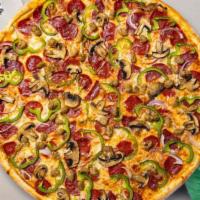 Combination Pizza · Salami, ground beef, Italian sausage, pepperoni, mushrooms, onions, green peppers, baked on ...