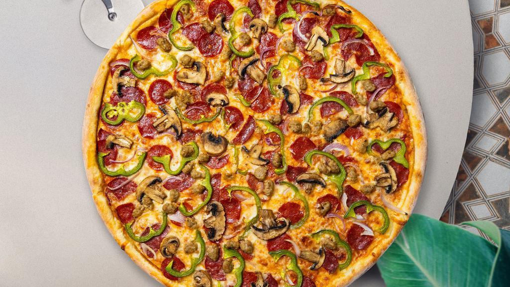 Combination Pizza · Salami, ground beef, Italian sausage, pepperoni, mushrooms, onions, green peppers, baked on a hand-tossed dough.