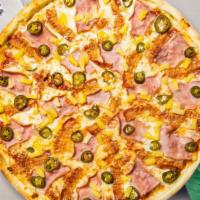 Hot In Hawaii Pizza  · Pineapples, jalapenos, ham and mozzarella cheese baked on a hand-tossed dough
