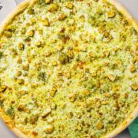 Chick In Green Pizza · Fresh pesto, chicken, mozzarella cheese, and parmesan baked on a hand-tossed dough