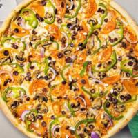 Eat Your Greens Pizza · Mushrooms, olives, onions, tomatoes, and green peppers baked on a hand-tossed dough.,