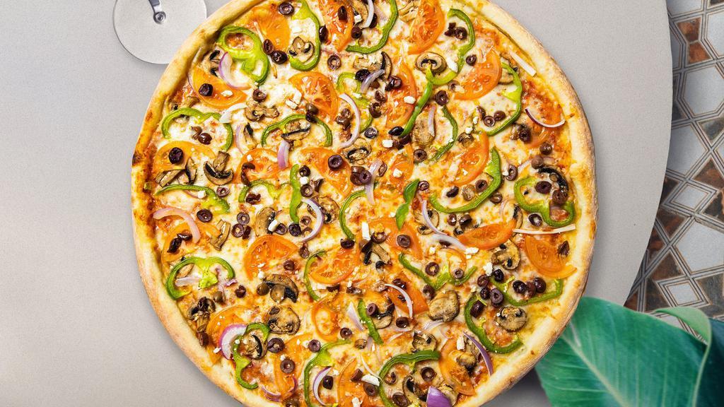Eat Your Greens Pizza · Mushrooms, olives, onions, tomatoes, and green peppers baked on a hand-tossed dough.,