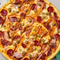 Meat Knockout Pizza · Ham, pepperoni, salami, sausage, and beef baked on a hand-tossed dough