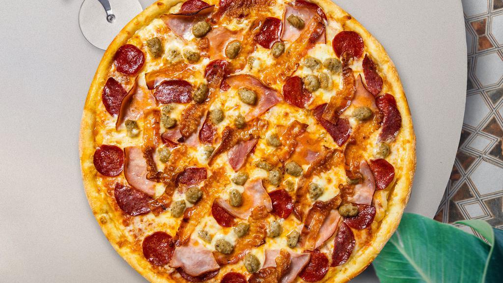 Meat Knockout Pizza · Ham, pepperoni, salami, sausage, and beef baked on a hand-tossed dough
