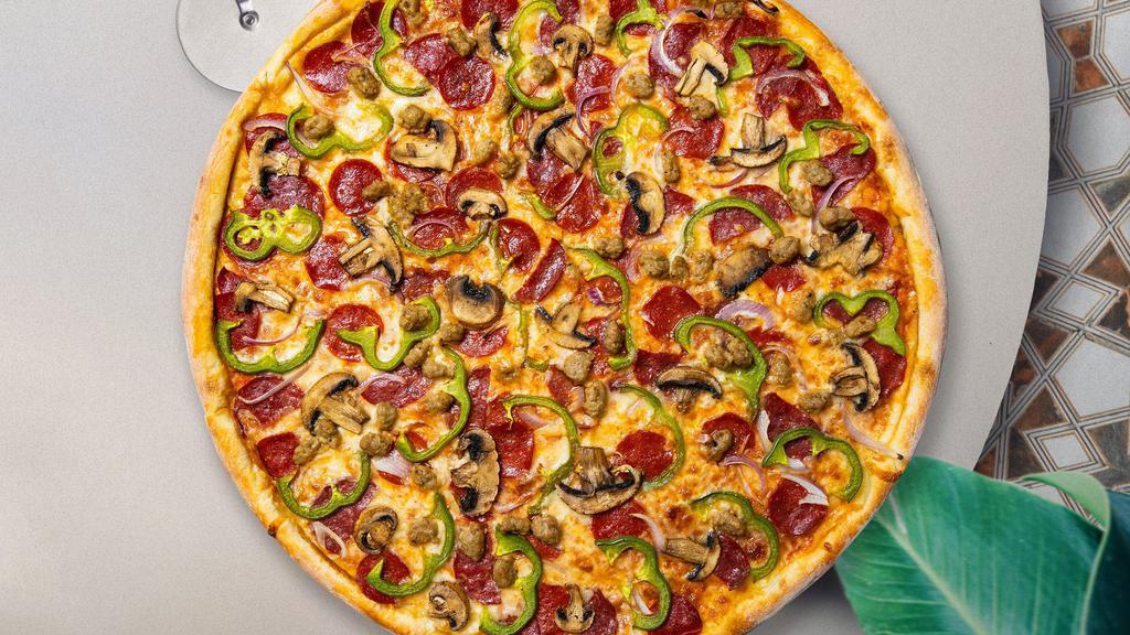 Combo Knockout Pizza (Halal)  · Halal chicken breast and halal beef, mushrooms, onions, green peppers, and olives baked on a hand-tossed dough.