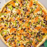 Chicken Supreme Pizza · Chicken breast, mushrooms, onions, tomatoes, green peppers, mozzarella, marinara, fresh basi...