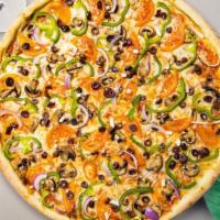 Flaming Veggie Pizza · Mushrooms, jalapenos, olives, onions, tomatoes, and green peppers baked on a hand-tossed dou...
