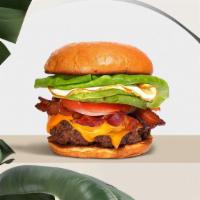 Morning Muncher Burger · Flamebroiled patty topped with bacon, fried egg, melted american cheese, lettuce, tomato, on...