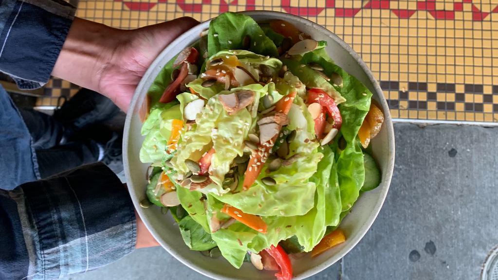 Market Street Salad · Butter lettuce, early girl tomato, Persian cucumber, pickled carrots, seed mix, dried apricot, blood orange vinaigrette (gf, df)