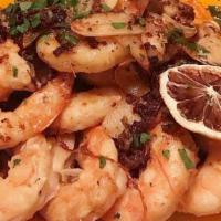Gambas Al Ajillo · Seared Shrimp, Garlic, Fermented Black Garlic, Preserved Lemon, 6 shrimp in the Tapa size an...