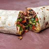 Chicharron Burrito · Vegan Chicharron Prensado, refried pinto beans, mexican rice, pico de gallo, salsa verde, Sa...
