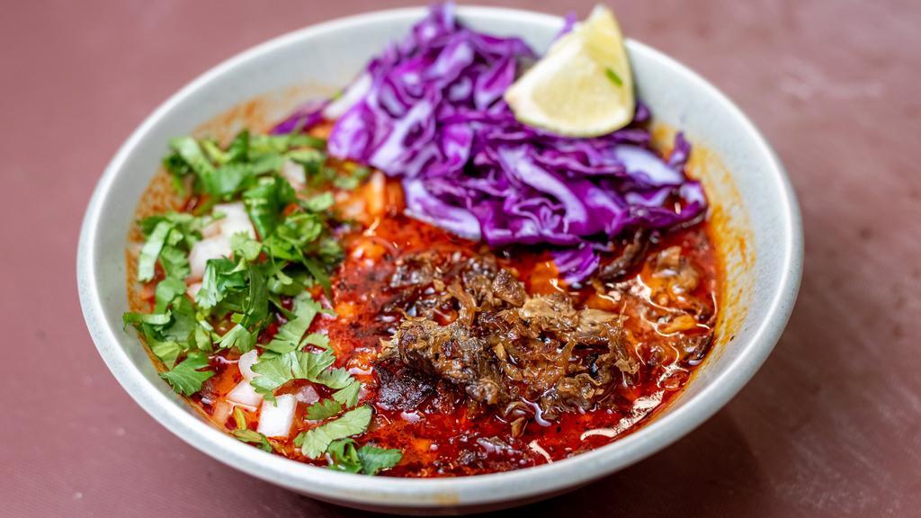 Pozole · 16 oz of our 10 hour pozole broth with Venganza vegan carnitas, cabbage, cilantro, onions, lime, and salsa.