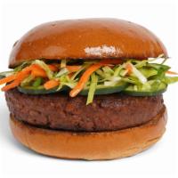 The Bahn Mi Burger · Beef patty with shredded carrot slaw, cilantro, sliced jalapenos, cucumber, and spicy mayo o...