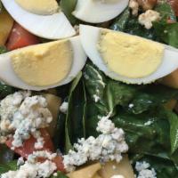 Spinach Salad · Baby spinach, Gorgonzola, apples, egg, walnuts, tomato, balsamic vinaigrette.