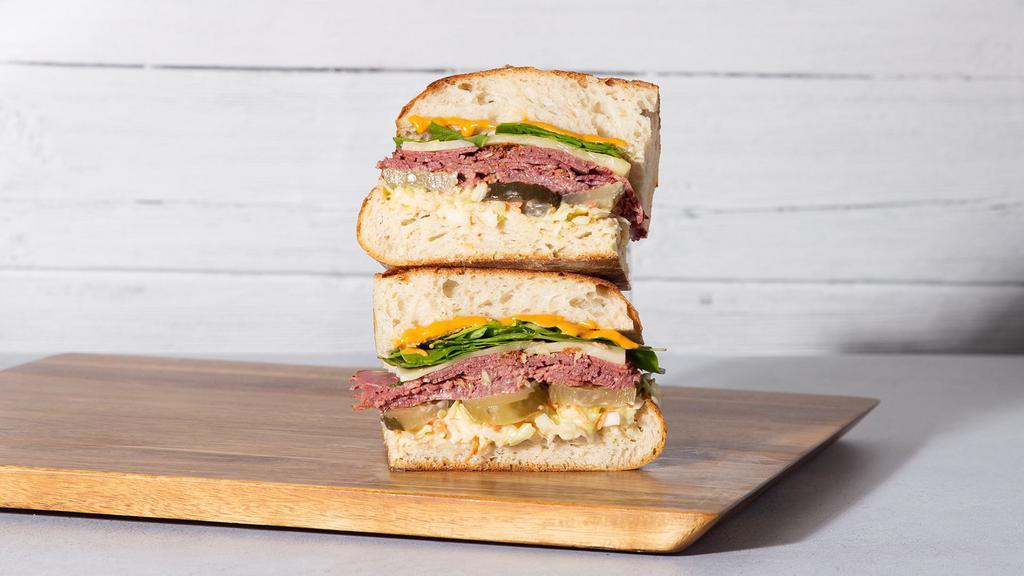 New York Pastrami · Sliced pastrami with swiss cheese, coleslaw, pickles, and russian dressing on your choice of bread.