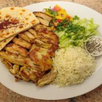 #2. Chicken Plate · Thin marinated slices of grilled chicken over saffron rice with side of salad, pita bread & ...