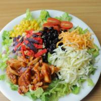 BBQ Chicken Salad · Included romain lettuce, tomato, corn, black beans, red onion, monterey jack cheese, cheddar...