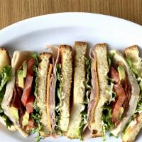 Club Sandwich · Ham, turkey, american cheese, tomato, mayo, bacon, avocado on triple decker white bread.