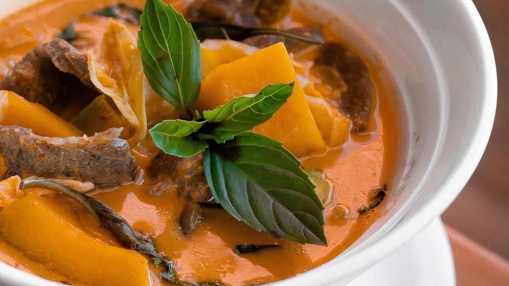 Pumpkin Curry · Pumpkin, Basil, Bell pepper, coconut milk in Thai Red curry with your choice of protein
