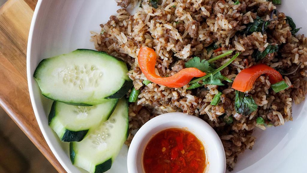 Impossible Gra-Praw Fried Rice · Spicy Thai Style Fried with an impossible meat, Thai chili, green bean, bell pepper and basil