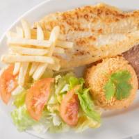 Grilled Fillet of Fish (Filete A La Parrilla) · Served with rice, beans, and salad .