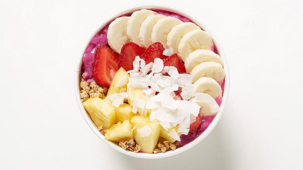 Dragon Fruit Bowl · Indulge in all the benefits this exotic fruit has to offer including fiber, vitamin C, and B vitamins. Superfood Dragon Fruit, banana, pineapple, coconut flakes and coconut water blended together and topped with strawberry, pineapple, hempseed granola, raw coconut flakes and banana. 460 cal