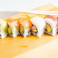 Rainbow · Four kinds of fish on top of a California roll.