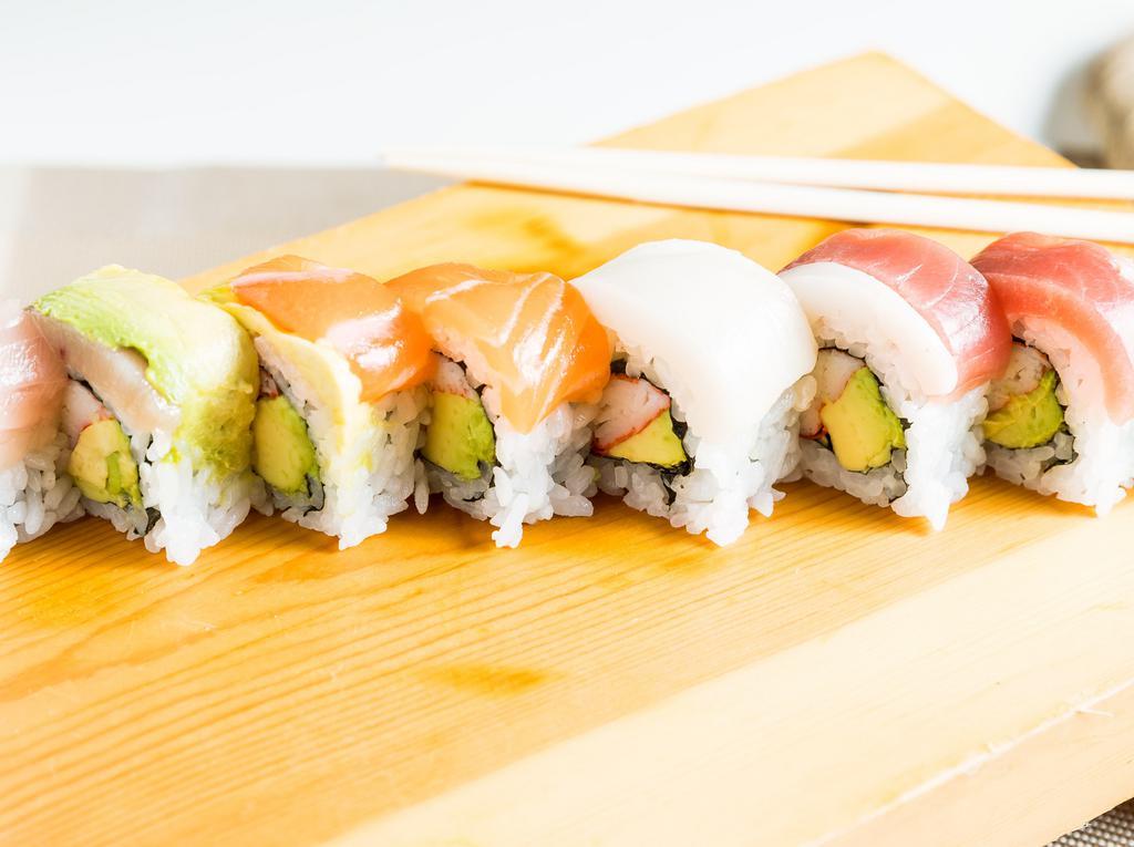 Rainbow · Four kinds of fish on top of a California roll.