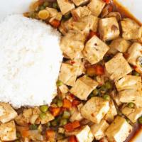 93. Ma Po Tofu · Diced tofu, green bean and carrot in szechuan spicy sauce. Hot and spicy.