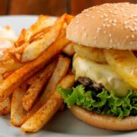 Hawaiian Burger · Beef Patty, Grilled Pineapple, Tomato, onion, Pickles, Cheese, Lettuce and sauce