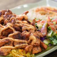 Chicken Platter · Chicken, salad, rice, hummus, pita bread.