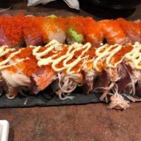S3-P. Spicy Rainbow Roll · Four different kind of fish on top of spicy tuna roll.