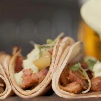 Bacon Chicken Tacos · Smoked chicken, house bacon, buttermilk ranch, tomato, scallions, corn tortillas
