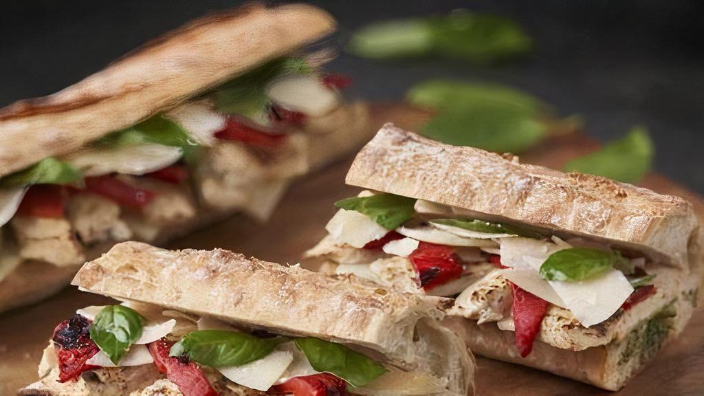 Provence Chicken Pesto Baguette · Grilled Chicken, Parmesan, Mozzarella, Roasted Bell Pepper, Pesto, Basil, Baguette.

Contains: Egg, Milk, Wheat